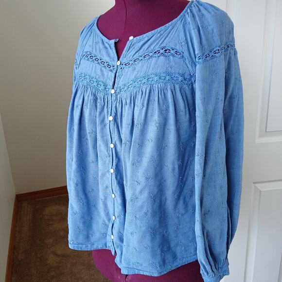Old Navy LS Lace-Trimmed Embroidered Chambray Blouse Large boho swing peasant - Picture 1 of 13